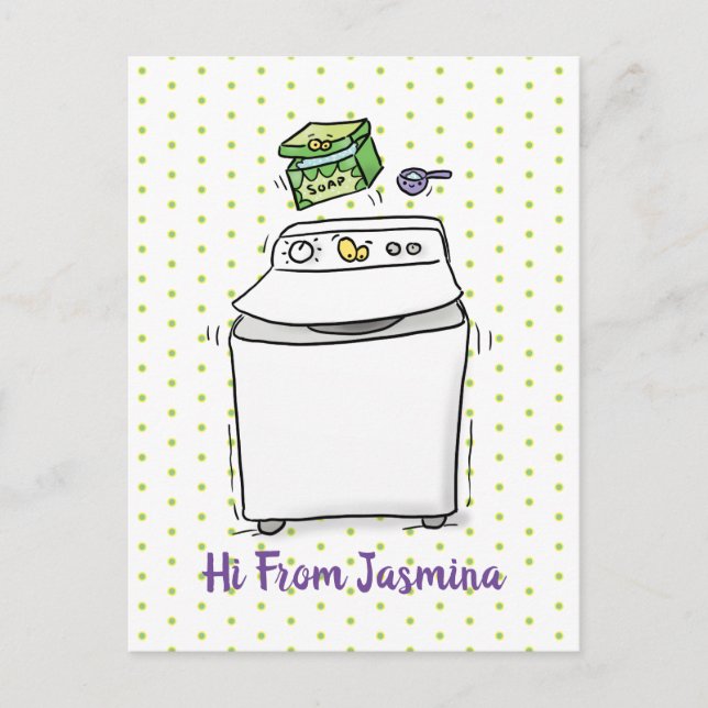 Cute washing machine laundry cartoon illustration postcard (Front)