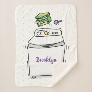 Cute washing machine laundry cartoon illustration  sherpa blanket