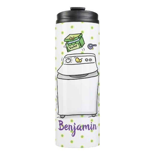 Cute washing machine laundry cartoon illustration thermal tumbler (Front)