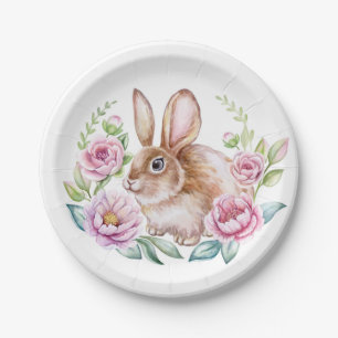 Cute Watecolor Bunny and Pink Flowers Wreath Paper Plate