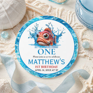Cute Water Blue Fish 1st Birthday Classic Round Sticker