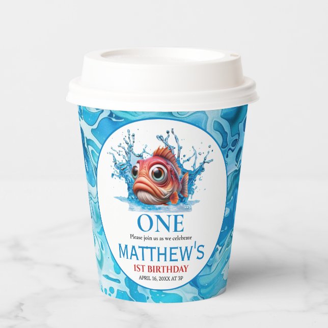 Cute Water Blue Fish 1st Birthday Paper Cups (Front)