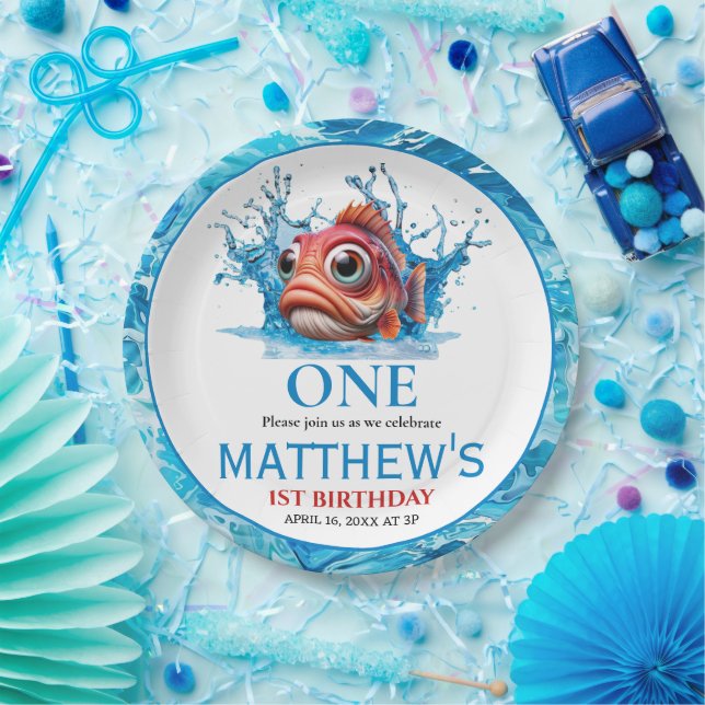 Cute Water Blue Fish 1st Birthday Paper Plate (Party)