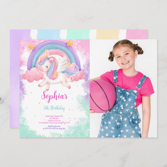 Cute Water Color Unicorn Photo Invitation (Devant / Derrière)