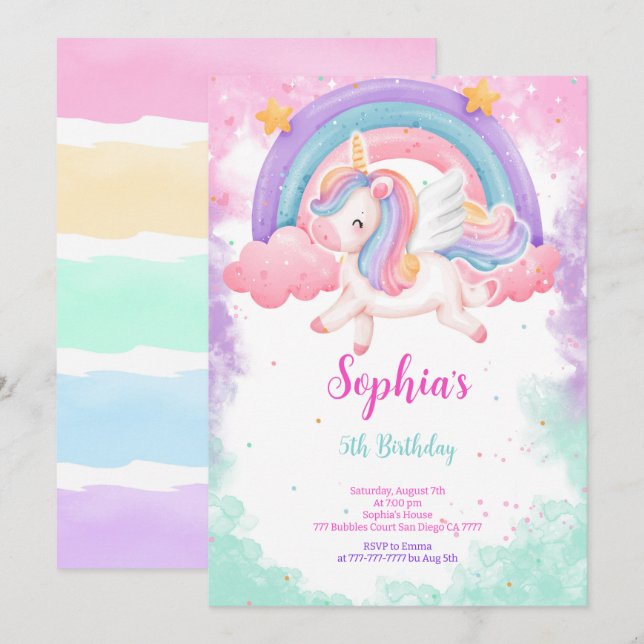 Cute Water Colour Unicorn Invitation (Front/Back)