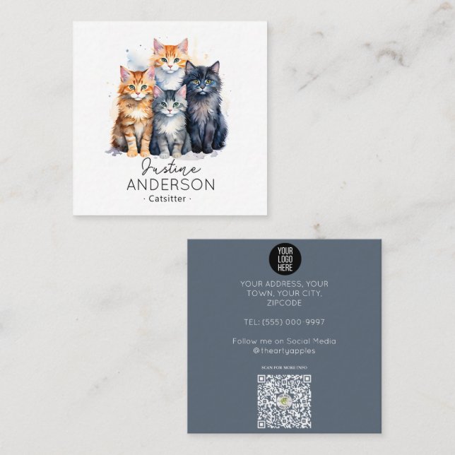 Cute watercoIor illustration of Cats Cat Sitter  Square Business Card (Front/Back)