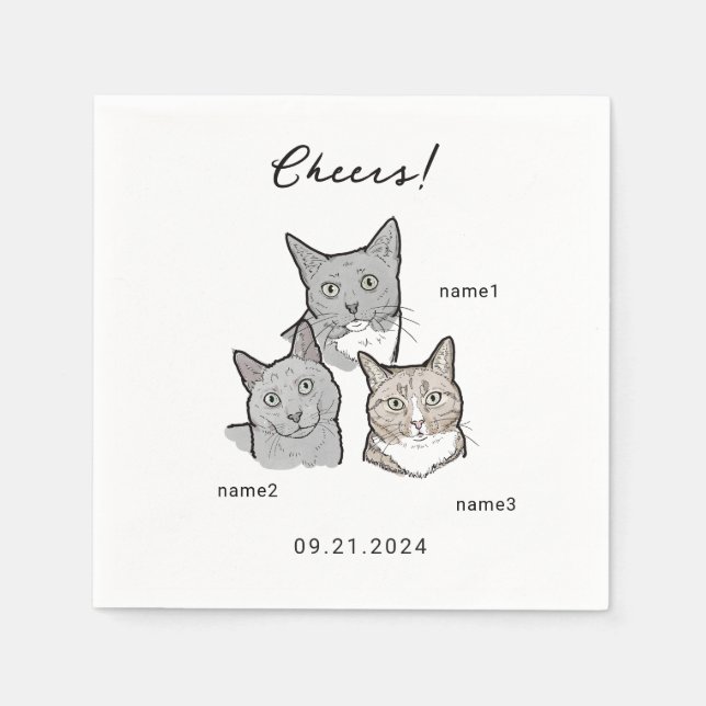 Cute Watercolor 3 Cats Cheers Wedding Cocktail  Napkin (Front)