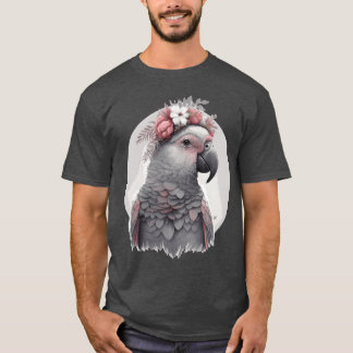 Cute Watercolor African Grey Parrot Bird Flower Cr T-Shirt