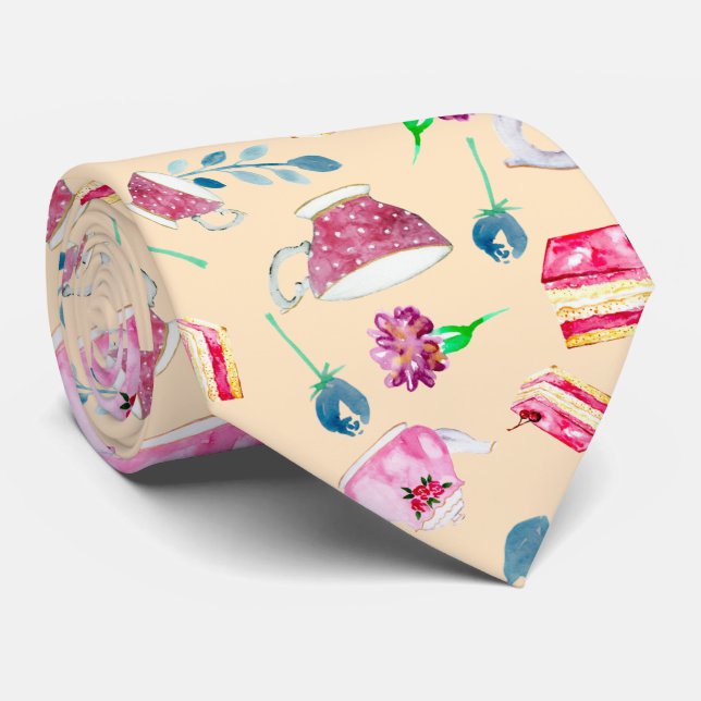Cute Watercolor Afternoon Tea Party Florals Teapot Tie (Rolled)
