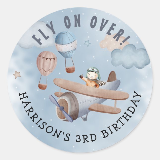 Cute Watercolor Airplane Boy Birthday Party Classic Round Sticker (Front)