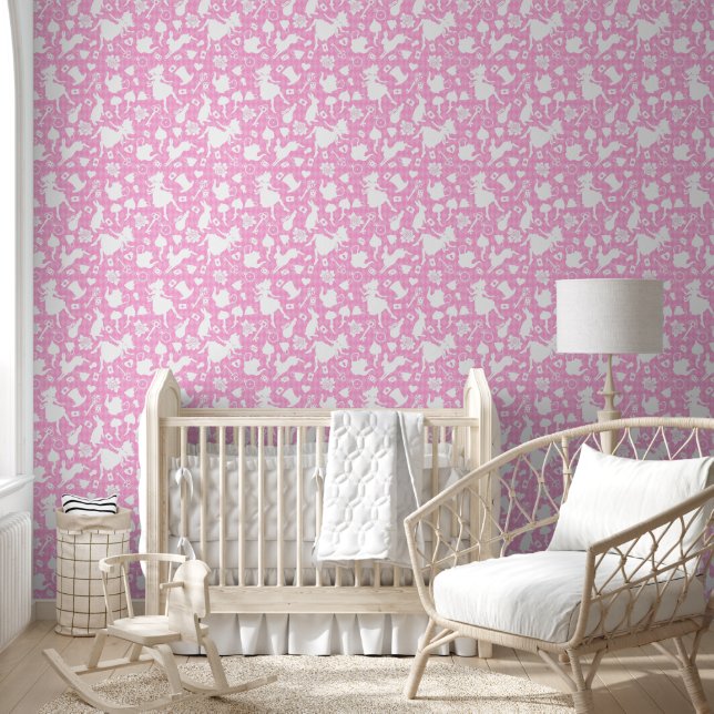 Cute Watercolor Alice in Wonderland Pink Nursery Wallpaper (Kids)
