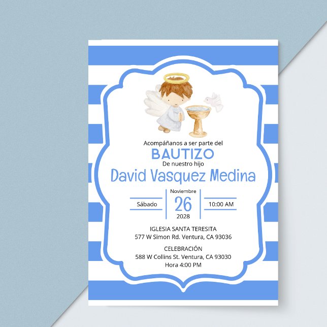 Cute Watercolor Angel Boy Baptism in Spanish  Invitation (Creator Uploaded)