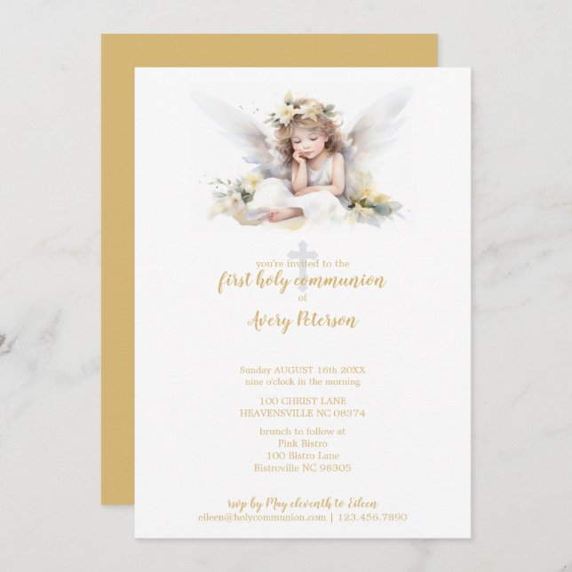 Cute Watercolor Angel Cross First Holy Communion Invitation (Front/Back)