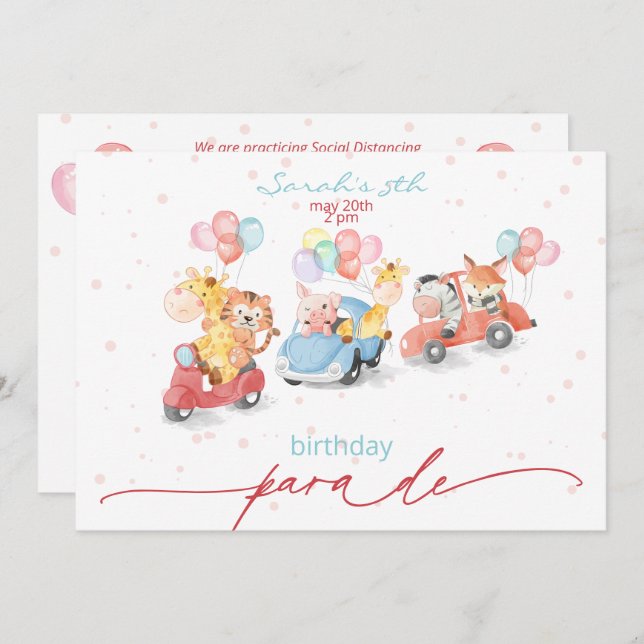 Cute Watercolor Animals Birthday Parade Invitation (Front/Back)