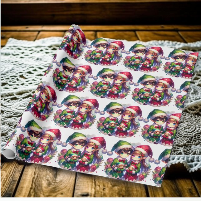 Cute Watercolor Anime Elves Christmas Wrapping Paper (Creator Uploaded)
