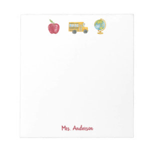 Cute Watercolor Apple School Bus Teacher Name Notepad
