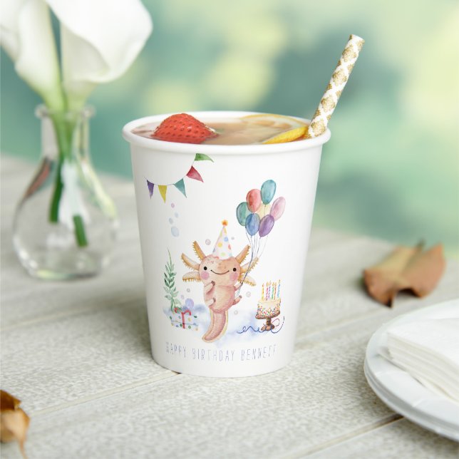 Cute Watercolor Axolotl Birthday Party Paper Cups (Insitu)