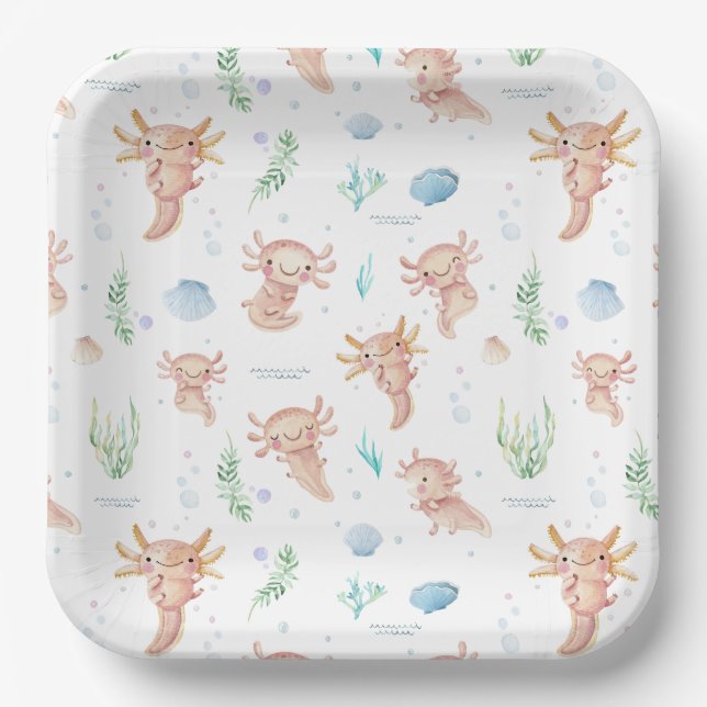 Cute Watercolor Axolotl Birthday Party  Paper Plat Paper Plate (Front)