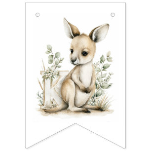 Cute Watercolor Baby Animals with Alphabet Letters Bunting Flags