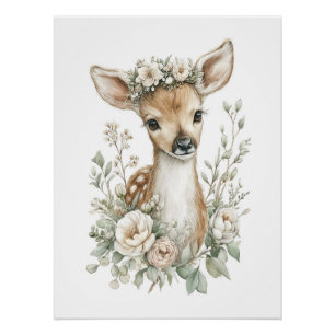 Cute Watercolor Baby Animals with Flowers Poster
