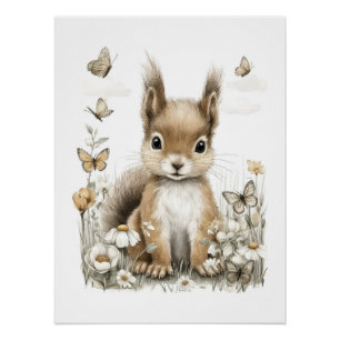 Cute Watercolor Baby Animals with Flowers Poster