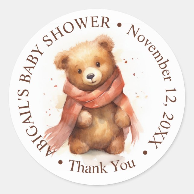 Cute Watercolor Baby Bear Baby Shower Classic Round Sticker (Front)