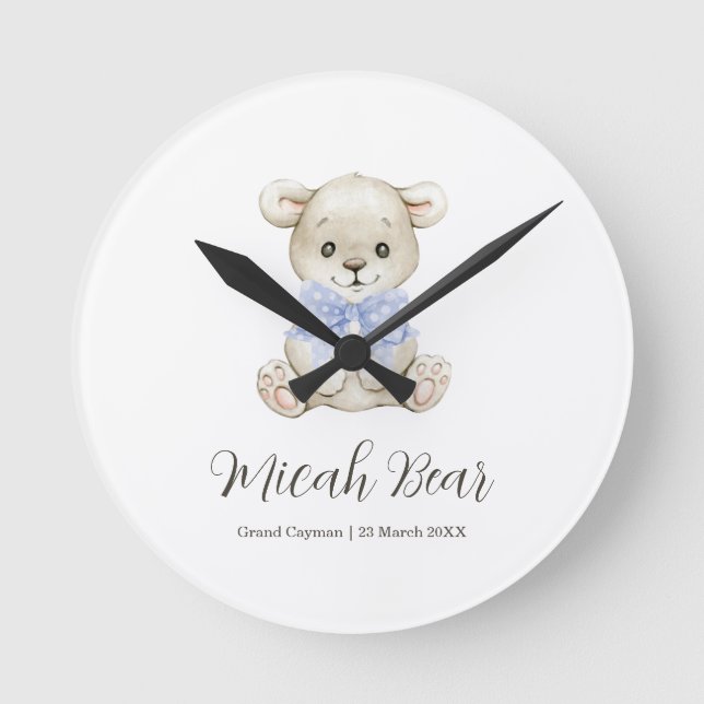 Cute Watercolor Baby Bear Blue Bow Round Clock (Front)