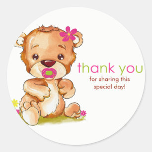 Cute Watercolor Baby Bear Girl Thank You Classic Round Sticker