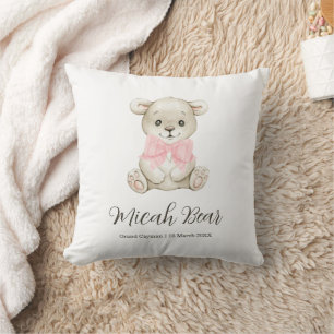 Cute Watercolor Baby Bear Pink Bow Newborn Gift Throw Pillow