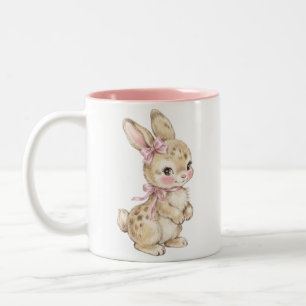Cute Watercolor Baby Bunny with Pink Bow Two-Tone  Coffee Mug