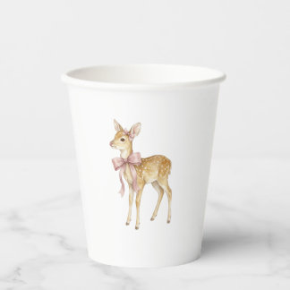 Cute Watercolor Baby Deer with Pink Bow Two-Tone C Paper Cups