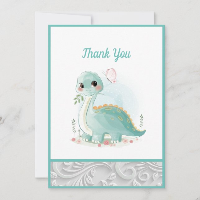 Cute watercolor Baby Dinosaur Green Thank You Card (Front)