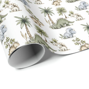 Cute Watercolor Baby Dinosaurs Wrapping Paper