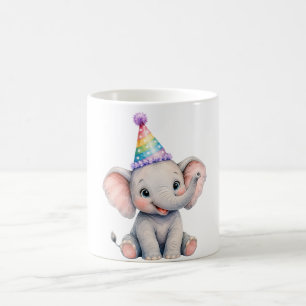 Cute Watercolor Baby Elephant Birthday Party Hat A Coffee Mug