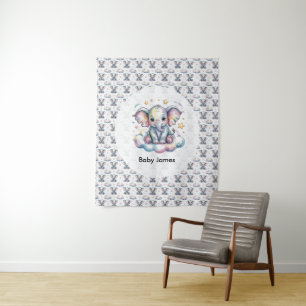 Cute Watercolor Baby Elephant Blue Boy Baby Shower Tapestry