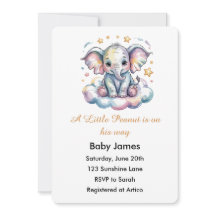 Cute Watercolor Baby Elephant Boy Baby Shower Invi