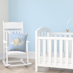 Cute Watercolor Baby Elephant Clouds Blue Nursery Throw Pillow