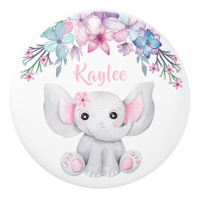 Cute Watercolor Baby Elephant For Girl Ceramic Knob (Front)