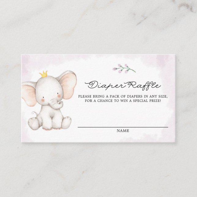 Cute Watercolor Baby Elephant Girl Diaper Raffle Enclosure Card (Front)
