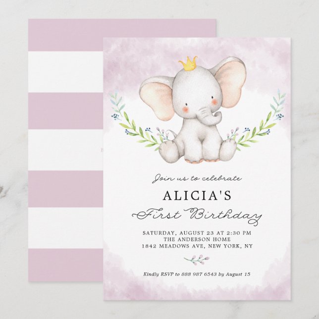 Cute Watercolor Baby Elephant Girl First Birthday Invitation (Front/Back)