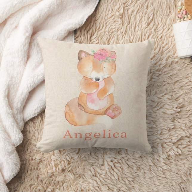 Cute Watercolor Baby Fox With Flowers  Throw Pillow (Blanket)