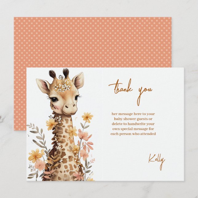 Cute Watercolor Baby Giraffe Baby Shower Thank You Card (Front/Back)