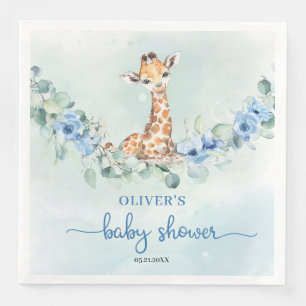 Cute watercolor baby giraffe on eucalyptus foliage napkin