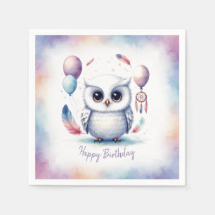 Cute Watercolor Baby Owl Balloons Birthday Napkin