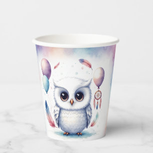 Cute Watercolor Baby Owl Balloons Birthday Paper Cups