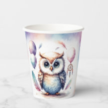 Cute Watercolor Baby Owl Balloons Birthday Paper