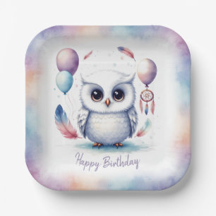 Cute Watercolor Baby Owl Balloons Birthday Paper Plate