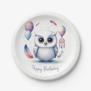 Cute Watercolor Baby Owl Balloons Birthday Paper Plate