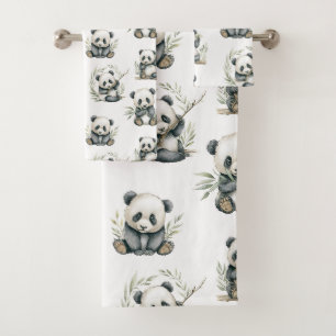 Cute Watercolor Baby Pandas Eating Bamboo Bath Towel Set