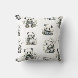 Cute Watercolor Baby Pandas Eating Bamboo Throw Pillow